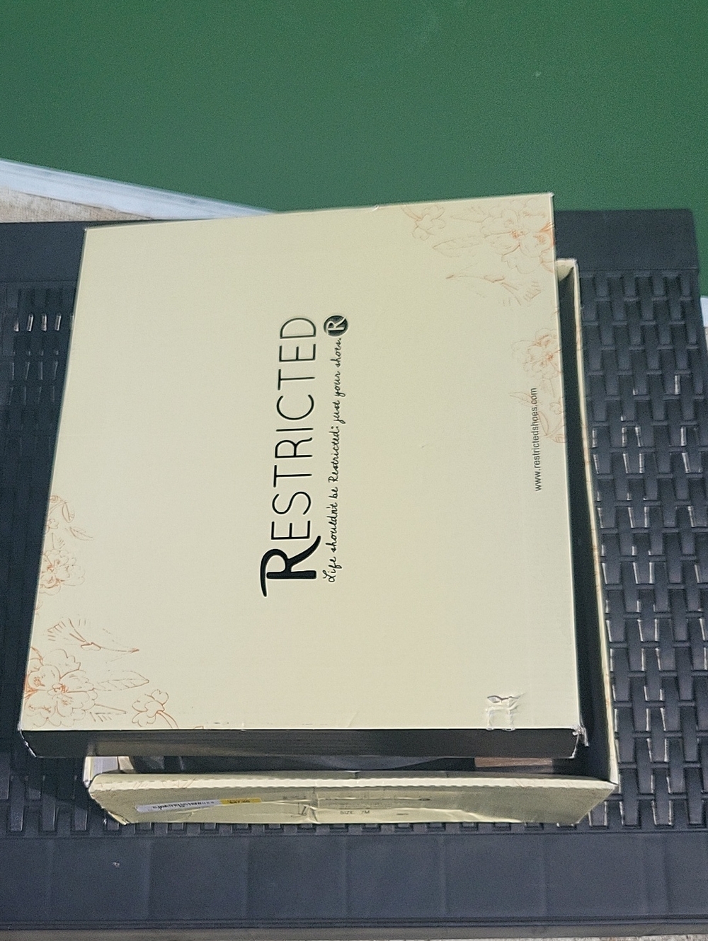 RESTRICTED Cream Shoe Box with Black Logo and Floral Accents